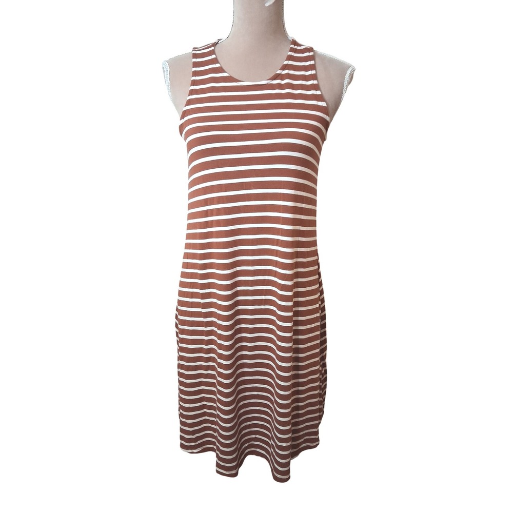 Old Navy Womens Small Brown White Striped Sleeveless Shift Dress Jersey Knit